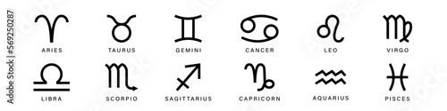 Zodiac signs set. Leo and taurus constellations black symbols with esoteric scorpio and astrological aquarius with pisces vector pictogram photo