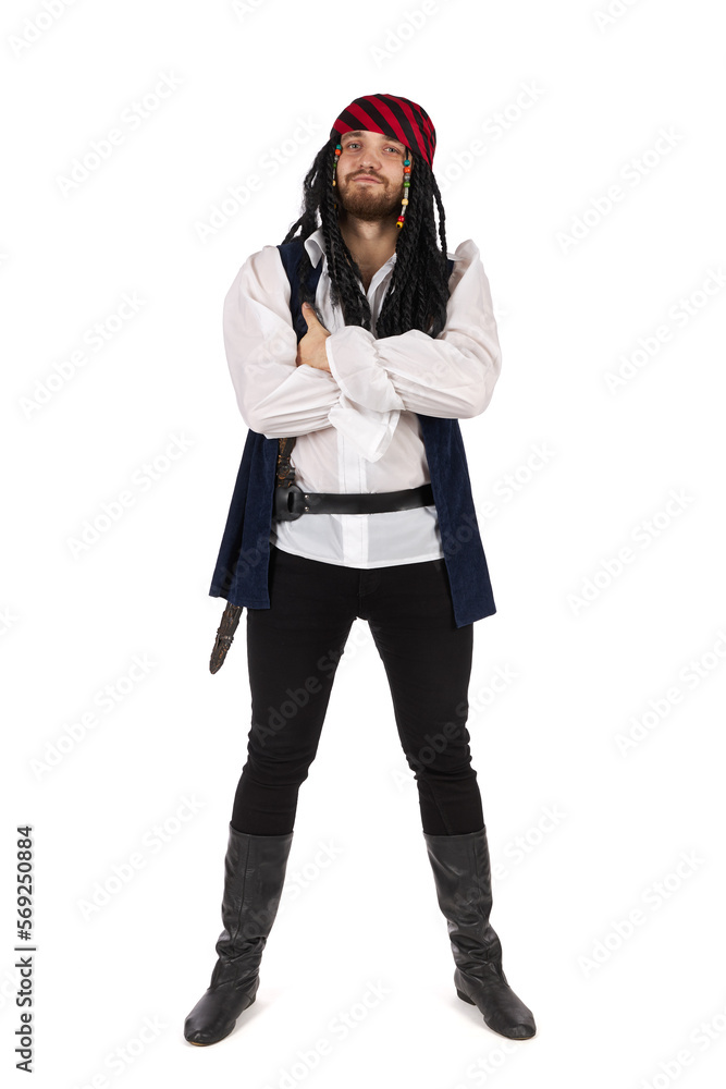 A pirate in a suit is standing. Male figure isolated on white background.