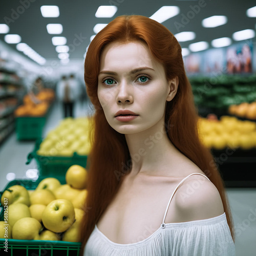 Generative ai futuristic surreal portrait beautiful young ginger woman indooors supermarket looking camera photo