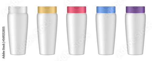 Fototapeta Naklejka Na Ścianę i Meble -  Set of white cosmetic bottles with gold, red, blue and purple caps. Realistic mockup. Korean packaging. Lotion or shower gel. Conditioner or hair mask