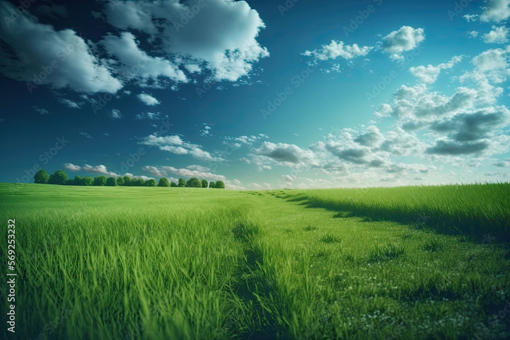 a meadow with tall green grass. Generative AI