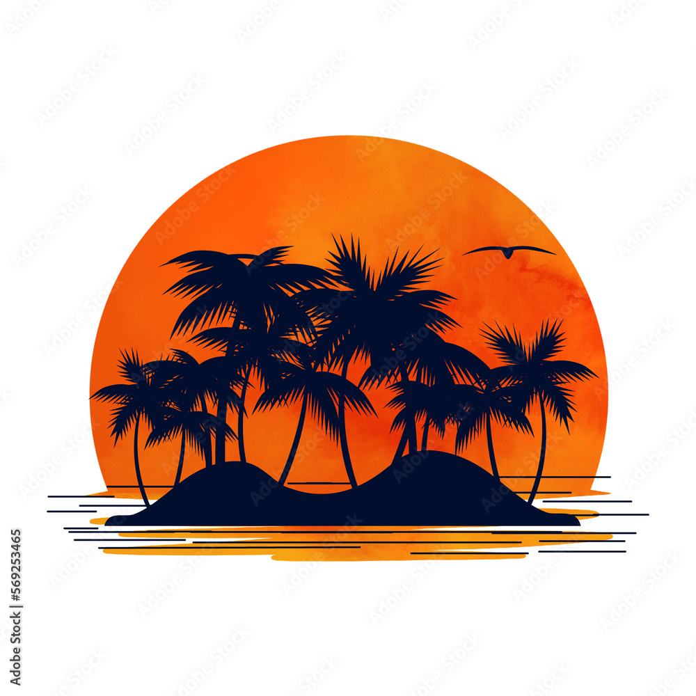 An island with palm trees. Trees and sunset. Mixed media. Silhouette and watercolor