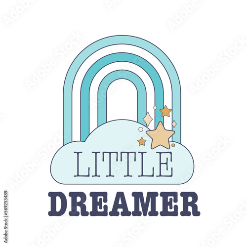 Little dreamer baby boy apparel print. Rainbow, cloud and stars clipart vector design for pajama or nursery wall art.