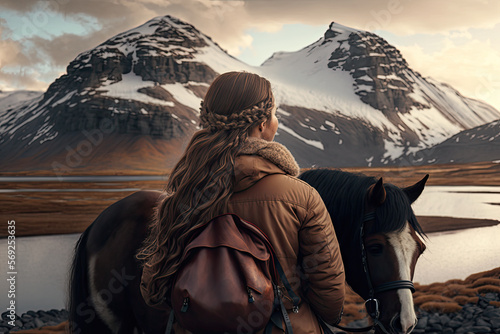 a traveling woman with a backpack stands in front of a horse in iceland. Generative AI