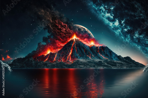 a violent volcanic explosion at night in the middle of the sea. Generative AI