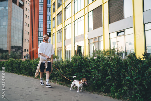 Calm man walking with dog on sidewalk