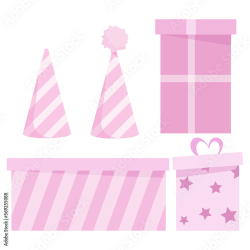 Set of pink birthday boxes and hat