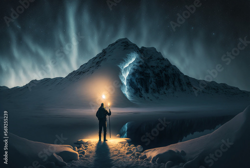 Generative ai of man exploring north pole ice land with a lantern watching the northern lights