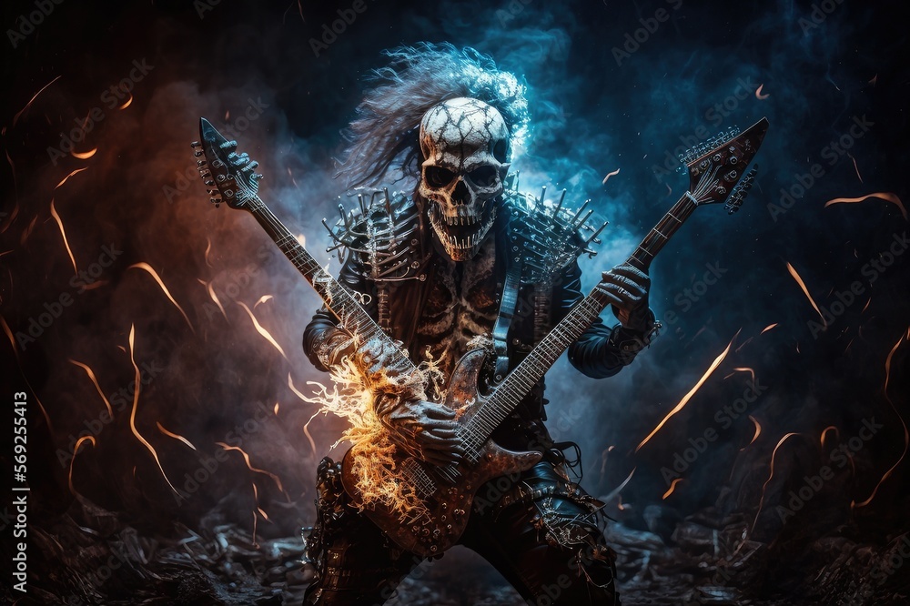 Skeleton plays rock guitar, heavy metal, power rock. Generative Ai Skeleton plays rock guitar, heavy metal, power rock. Generative Ai