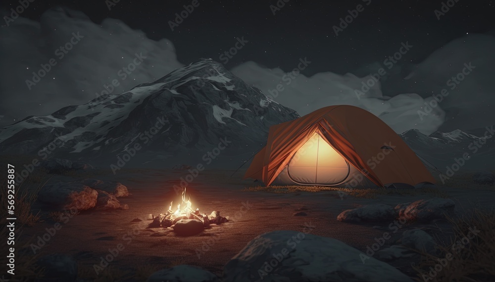 a tent with a fire in the middle of a field with mountains in the background and a night sky with stars and clouds above it.  generative ai