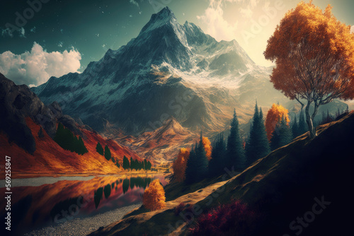 beautiful autumn landscape with mountains in the background. Generative AI