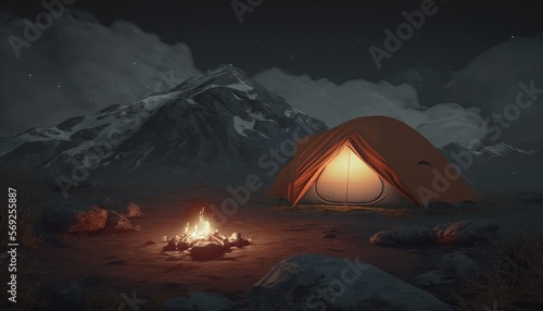  a tent with a fire in the middle of a field with mountains in the background and a night sky with stars and clouds above it. generative ai