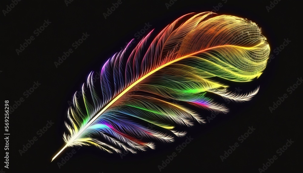a colorful feather is shown on a black background with a black ...