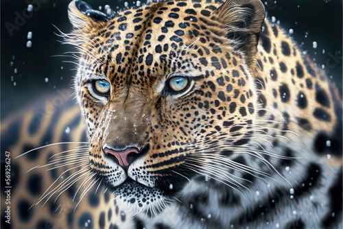 closeup of a leopard in winter with snowflakes. Generative AI