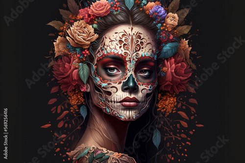 Portrait of Fictional person, Mexico's Day of the Dead background, El Dia de Muertos, created with Generative AI