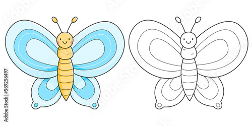Canvas Print Blue butterfly coloring book with coloring example for kids