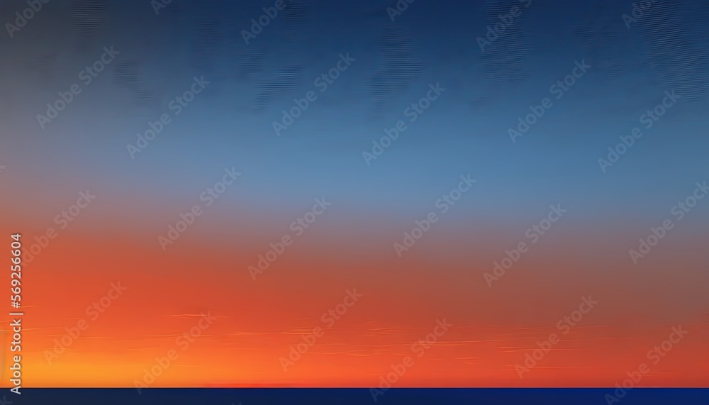  an orange and blue sky over the ocean at sunset with a plane flying in the sky and a boat in the water at the far end of the picture.  generative ai