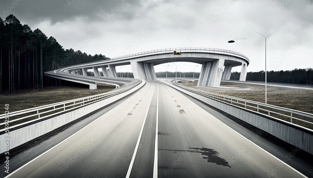 a long highway with a bridge in the background and trees on both sides of the road and a light pole on the other side of the road. generative ai a long highway with a bridge in the background and trees on both sides of the road and a light pole on the other side of the road. generative ai