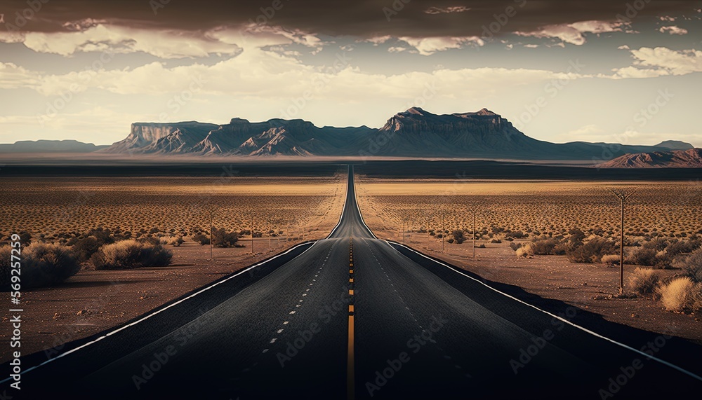  a long straight road in the middle of a desert with mountains in the background and clouds in the sky above the road is an empty road.  generative ai