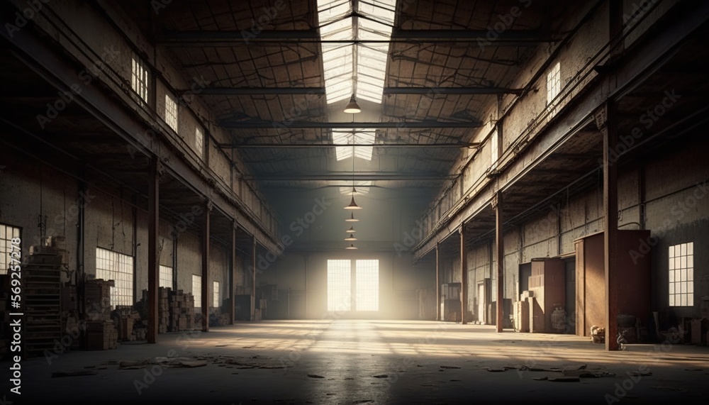  an empty warehouse with a bright light coming through the windows and a person standing in the middle of the room in the middle of the room.  generative ai