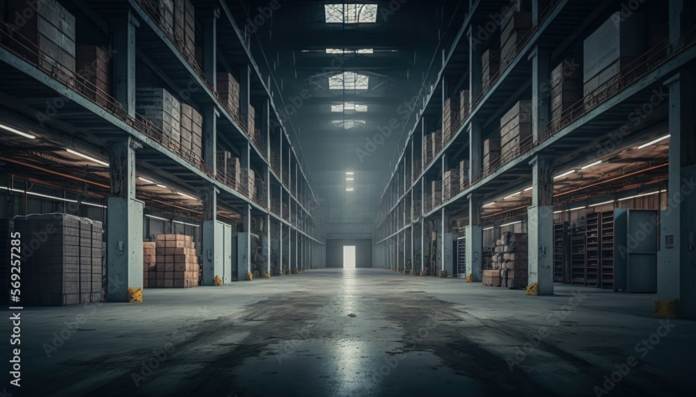  a large warehouse filled with lots of shelves filled with lots of boxes and boxes on top of each shelf and a doorway leading to the second floor.  generative ai