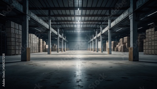  a large warehouse filled with lots of boxes and pallets of material on the floor of the room and a light shining in the middle of the room.  generative ai