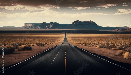  a long straight road in the middle of a desert with mountains in the background and clouds in the sky above the road is an empty road. generative ai