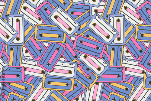 Seamless pattern in Groove style, retro 70s, 80s from audio cassettes. Many audio cassettes lie on top of each other. Vector illustration