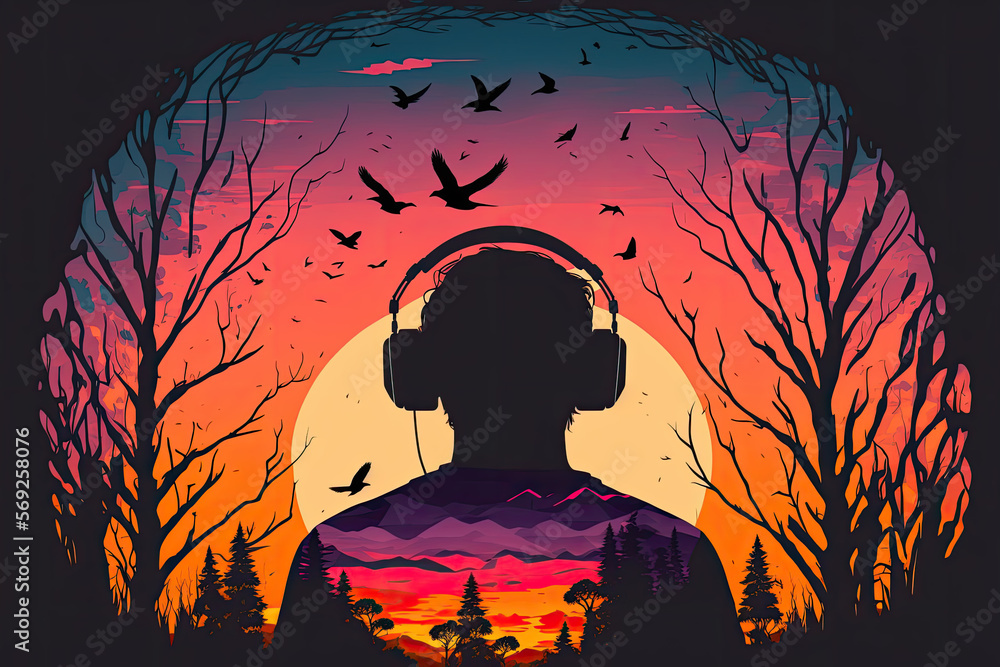 creative illustration of a man with headphones in nature. Generative AI