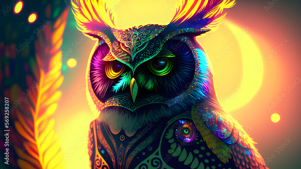 Illustration of an owl with metallic feathers in vivid colors