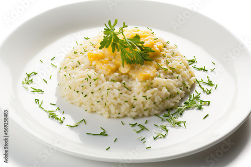 White dinner dish with risotto topped with parmesan cheese and chives, isolated on white. Generative AI photo