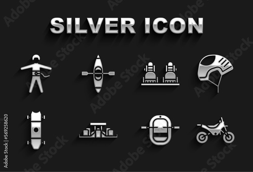 Set Formula 1 racing car, Helmet, Mountain bike, Rafting boat, Longboard skateboard, Snowboard, Bungee jumping and Kayak canoe icon. Vector