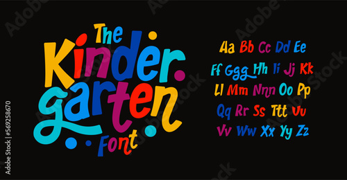Kindergarten colorful alphabet, kid colored sans serif letters, joyful festival font for bright fiesta logo, mexican headline, birthday and greeting card childhood lettering.Vector typographic design. photo