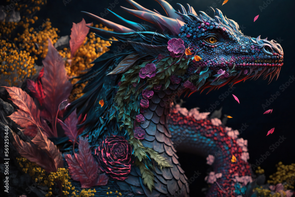 Flower Dragon - Mythology creature - fantasy illustration - wyvern - Generative AI Flower Dragon - Mythology creature - fantasy illustration - wyvern - Generative AI