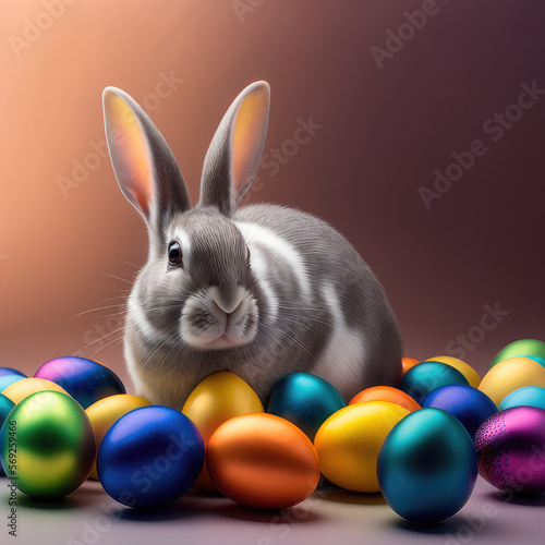 Bunny surrounded with colorful eggs. (Ai Generated) © Shawn