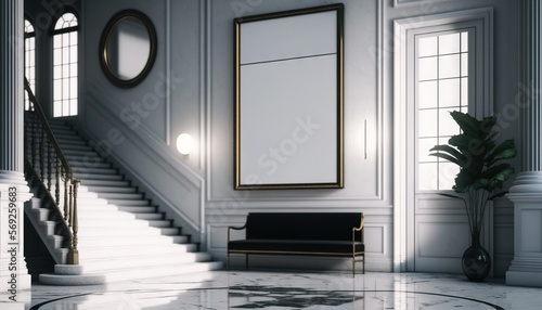  a room with a marble floor and a white staircase with a black bench and a large mirror on the wall above the door and a black bench.  generative ai