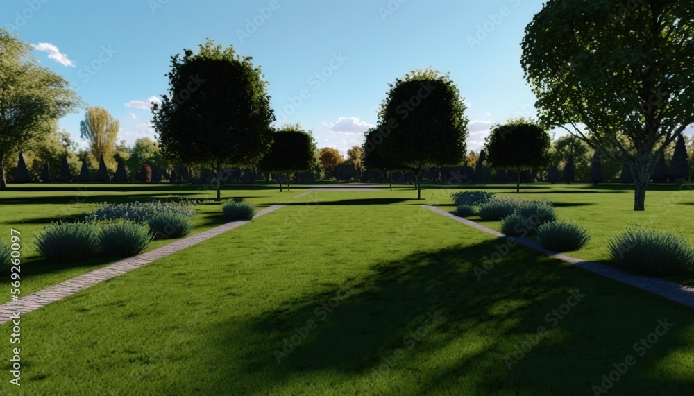  a 3d rendering of a park with trees and a path leading to a park with benches and a walkway between two trees on a sunny day.  generative ai