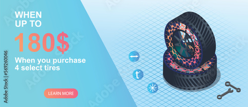 Advertising tire banner. Graphic element for website. Car care and repair, vehicle upgrades and tuning. Wheel with wrench, landing page design. Realistic isometric vector illustration