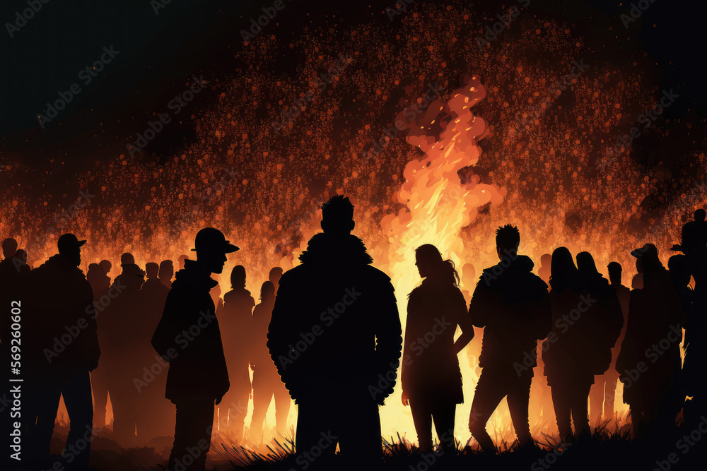 illustration of a large crowd of people gathered around a fire at night. Generative AI