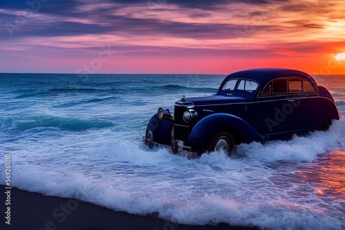 navy blue old car with waves and sunset in the background - generative ai © unalcreative