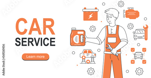 Car service banner. Man with wrench and engine oil near details of machine, car. Modernization and tuning of transport. Repair and worker. Landing page design. Cartoon flat vector illustration