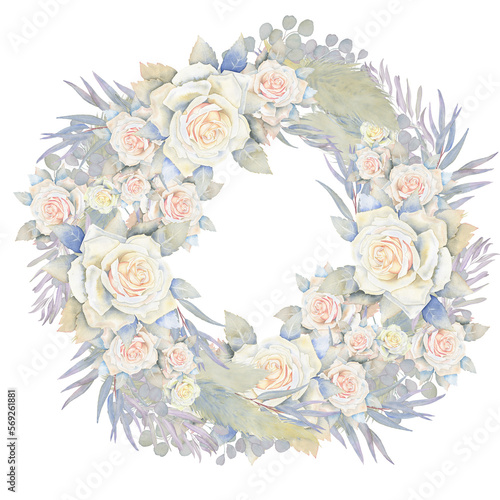 Watercolor white roses and eucalyptus branches wreath. Wedding bouquet with pampas grass in boho style. Delicate flowers in light colors for invitation and greeting cards.