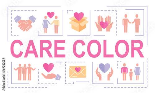 Care color banner. Charity, activism and volunteerism. Kindness and generosity. Collection of icons, poster or banner for website. Cartoon flat vector illustrations isolated on white background