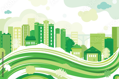 Vector illustration of a city view with houses and skyscrapers. Green city with suburban houses. Vector poster. 
