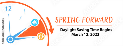 Spring Forward 2023. Daylight Saving Time Begins. Switch time from wintertime to summertime at sunday, march 13, 2023. Graphic vector web banner schedule with info and calendar date