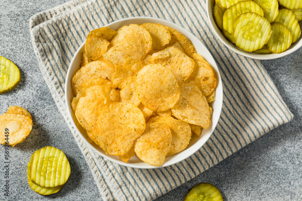 Homemade Flavored Dill Pickle Potato Chips Stock Photo Adobe Stock