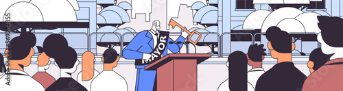 mayor with key giving speech from tribune public statement concept horizontal cityscape background