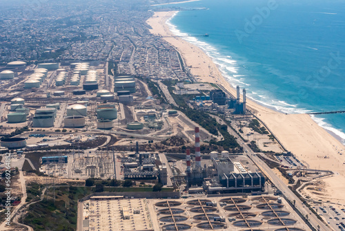 Aerial view of the Hyperion SAFE Center and the tanks of the Hyperion Water Reclamation plant in Los Angeles, California, USA.	 photo