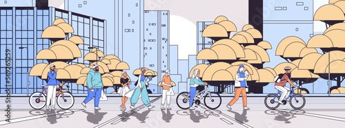 cyclists and pedestrians walking street people crossing road modern city street cityscape backgroundmgeneration z