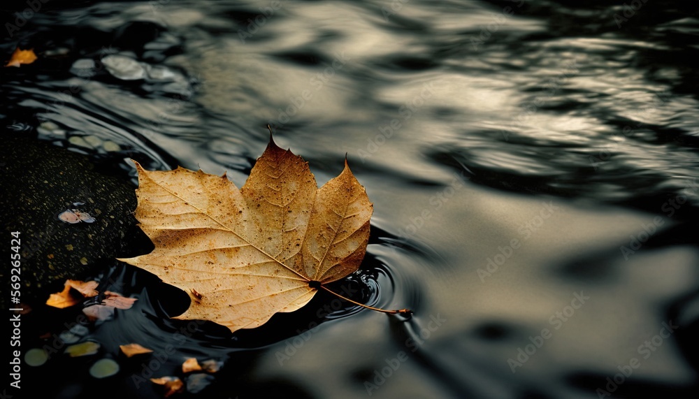 a leaf floating on top of a body of water next to a rock and a tree branch with leaves on the surface of the water. generative ai a leaf floating on top of a body of water next to a rock and a tree branch with leaves on the surface of the water. generative ai